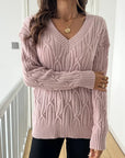 Plain V-neck Cable Knit Sweater for women's