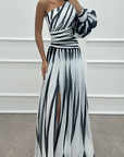 Elegant Striped One Shoulder Maxi Dress