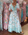Women's V-neck leaf print maxi dress