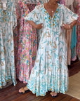 Women's V-neck leaf print maxi dress