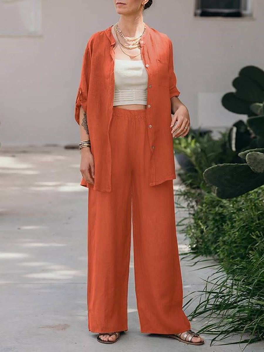 Long Sleeve Shirt Top Pants Two Piece-Set
