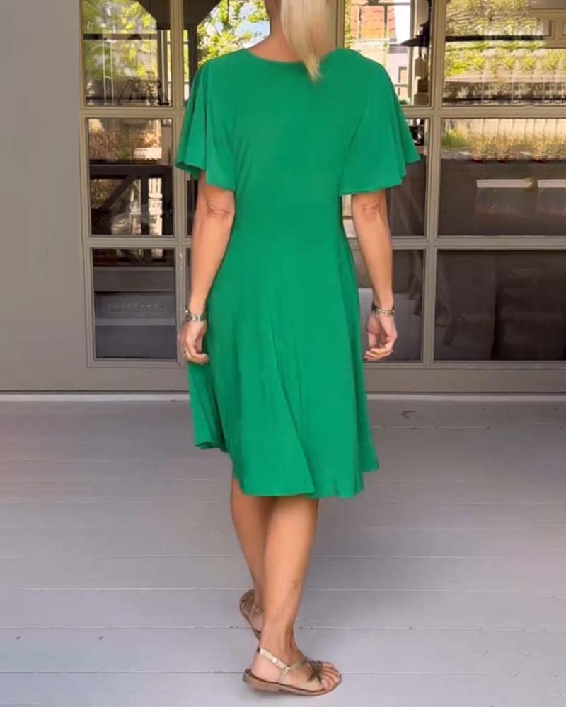 Solid color V-neck waisted butterfly sleeve casual dress