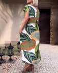 Leaf print short sleeve slit dress