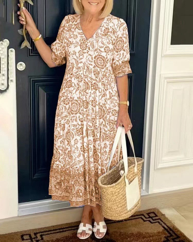 Deep V Half Sleeve Boho Tunic Dress