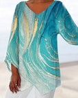 Vintage V Neck Marble Print Irregular Hem Long Sleeve Blouse