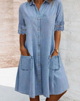 Solid color lace patchwork lapel button pocket dress