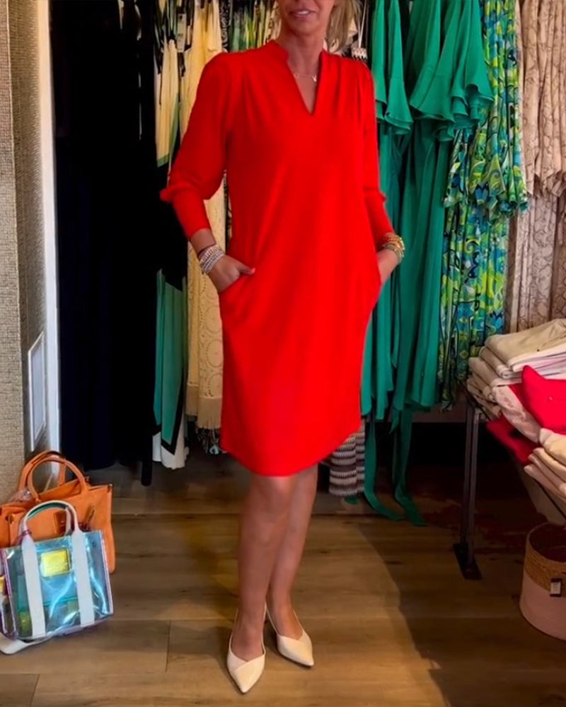 Solid color V-neck Long Sleeve Dress