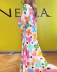 Colorful floral print bell sleeve casual dress