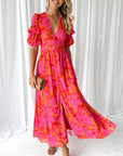 Puff sleeve printed deep V elegant dress