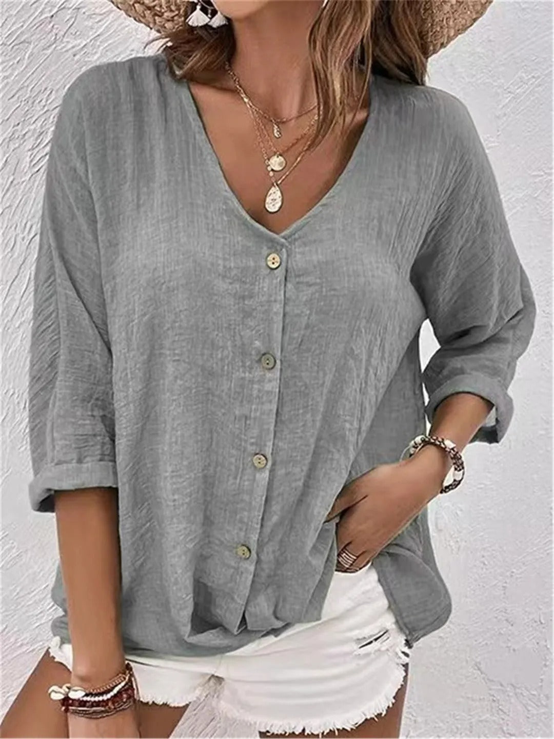 Effortless V-Neck Button-Up Top