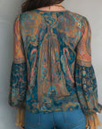 Bohemian Style Flared Sleeve V-Neck Blouse