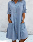 Solid color lace patchwork lapel button pocket dress