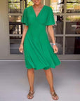 Solid color V-neck waisted butterfly sleeve casual dress
