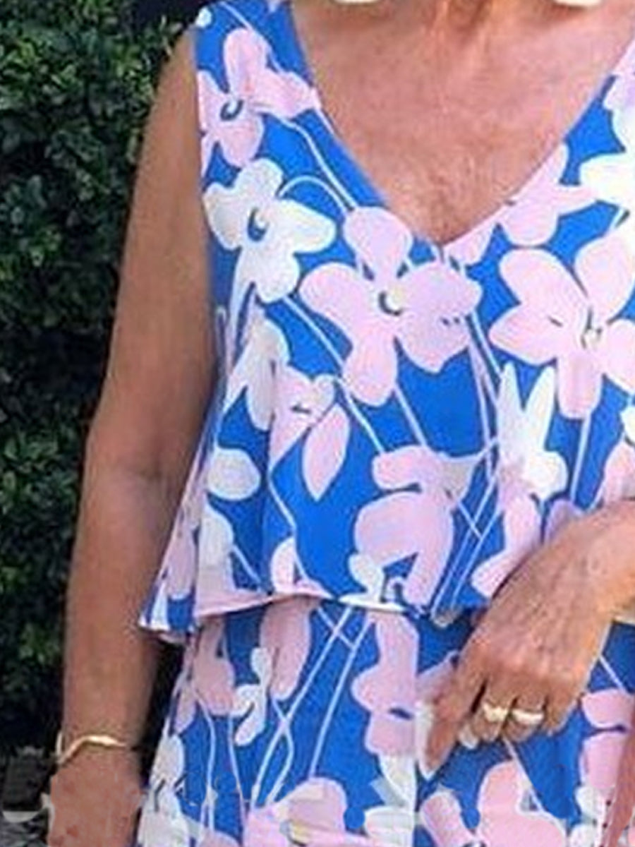 Printed V-Neck Sleeveless Two-Piece Set