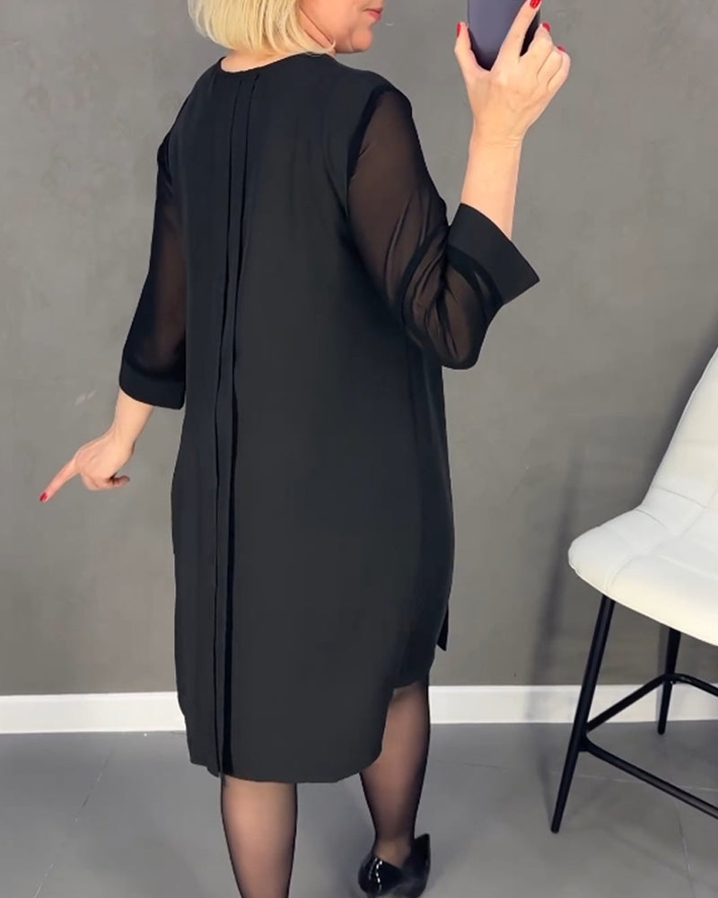 Pleated patchwork mesh solid color dress