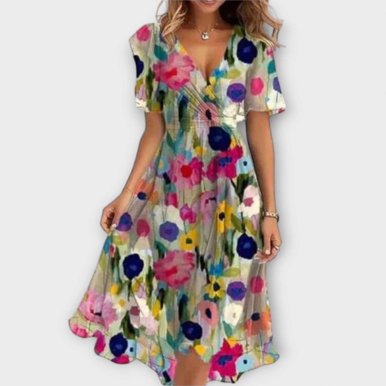 Flared Hem 3/4 Sleeve V-Neck Dress