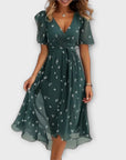 Flared Hem 3/4 Sleeve V-Neck Dress