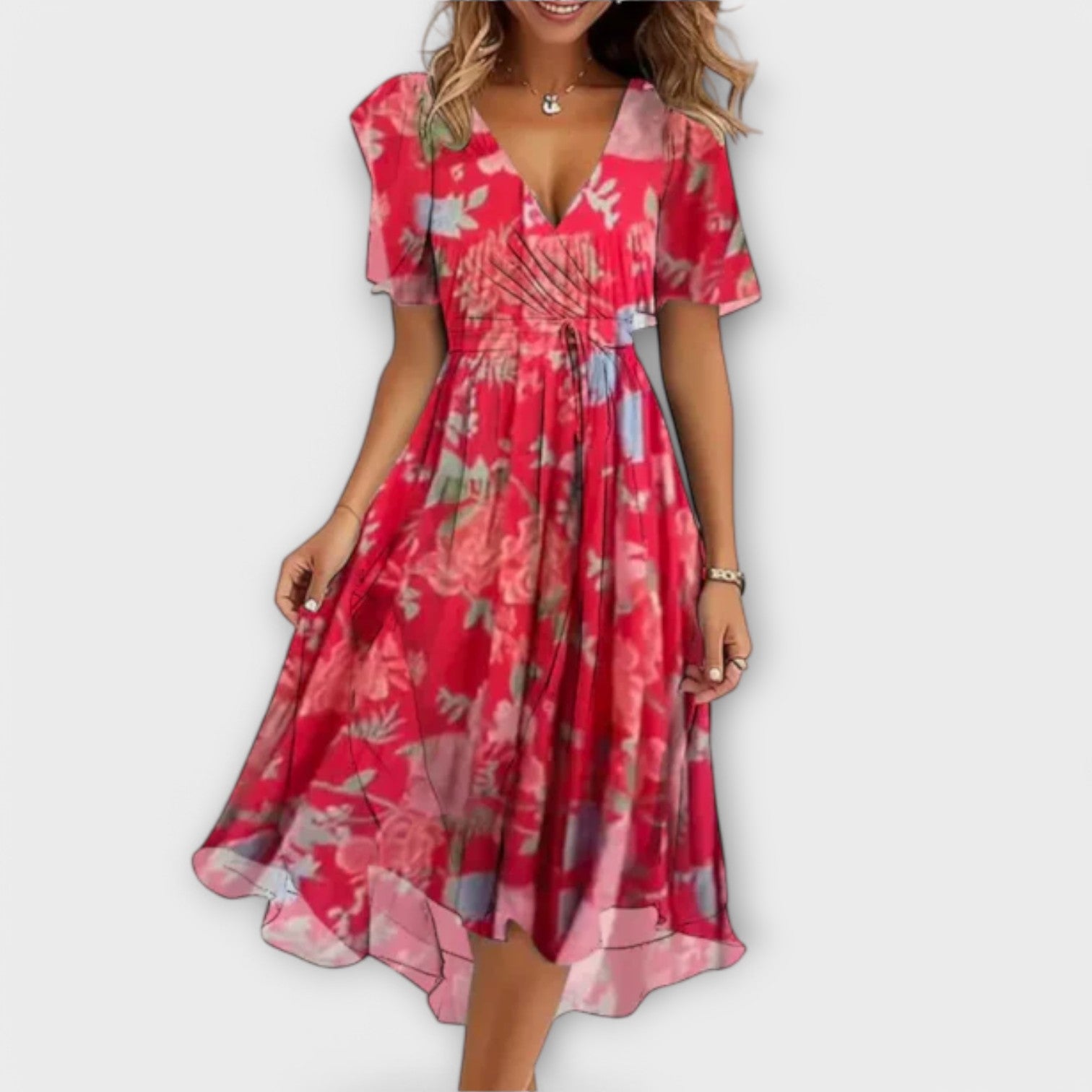 Flared Hem 3/4 Sleeve V-Neck Dress
