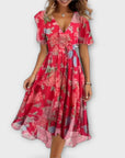 Flared Hem 3/4 Sleeve V-Neck Dress