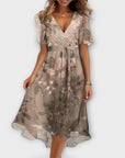 Flared Hem 3/4 Sleeve V-Neck Dress