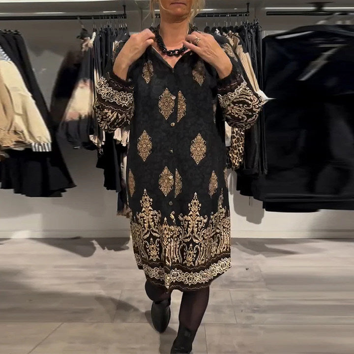 Lapel Button Down Vintage Print Dress