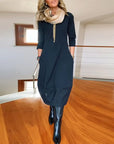 Elegant solid color round neck pocket dress