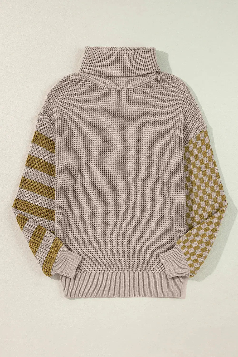 Striped Plaid Patchwork Waffle Knit Turtleneck Sweater