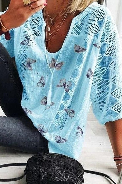 Ladies Butterfly Print V-neck Blouse