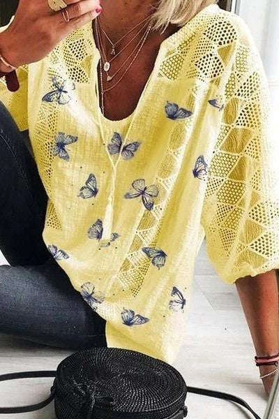 Ladies Butterfly Print V-neck Blouse