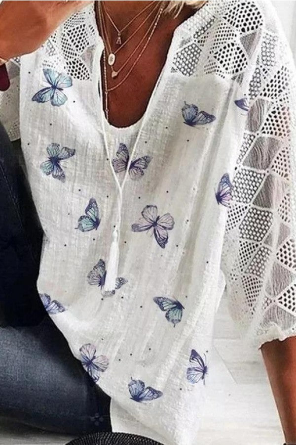 Ladies Butterfly Print V-neck Blouse