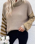 Striped Plaid Patchwork Waffle Knit Turtleneck Sweater