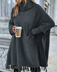 Turtleneck Batwing Sleeve Tassel Cardigan
