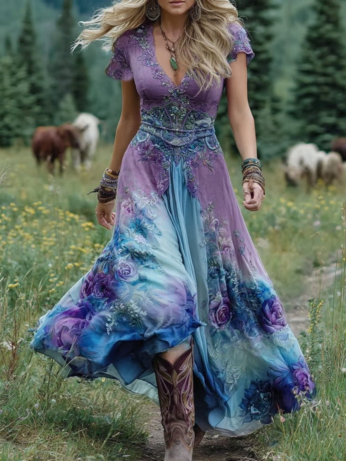 Elegant Maxi Dress With Floral Shades