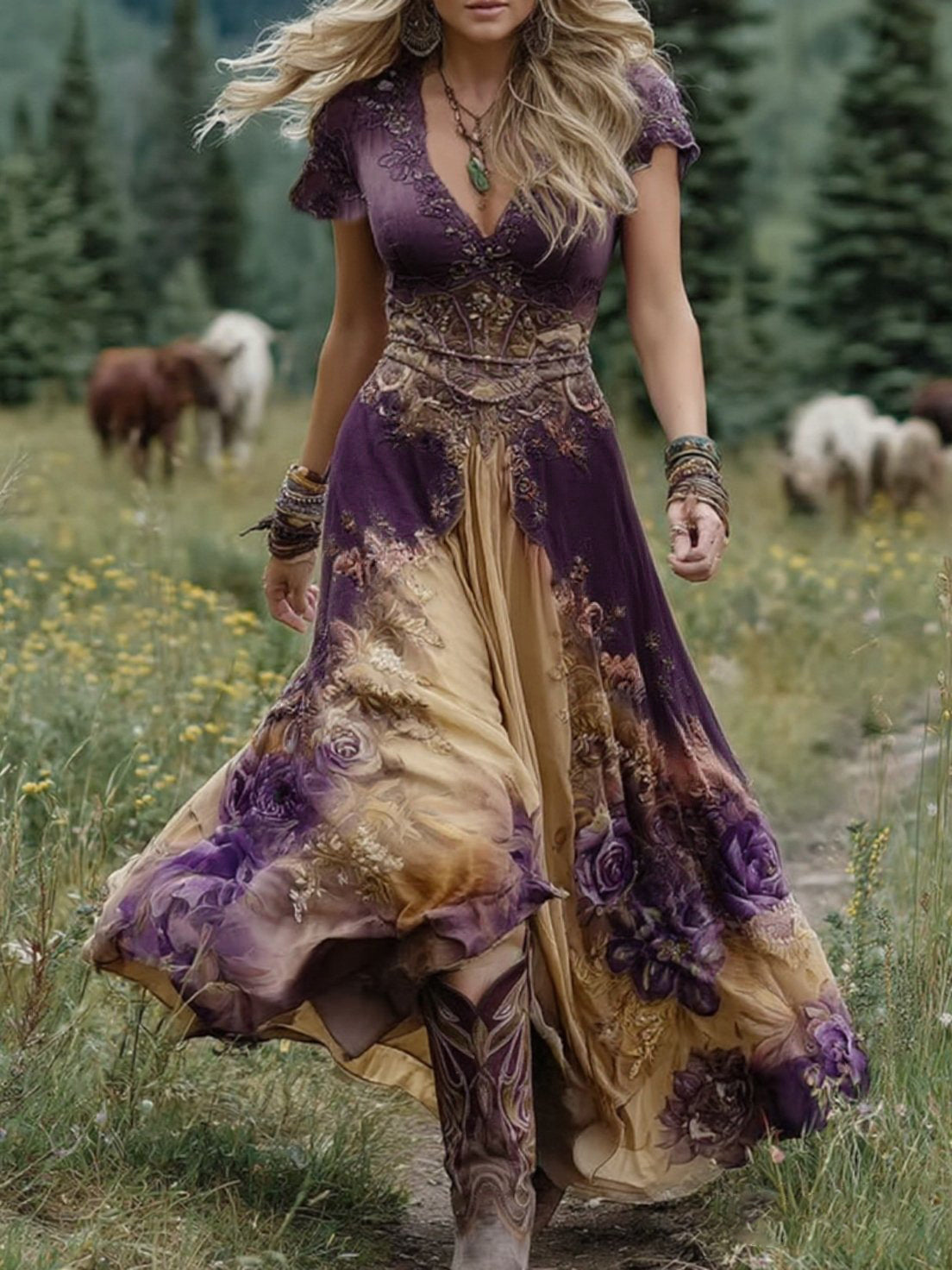 Elegant Maxi Dress With Floral Shades