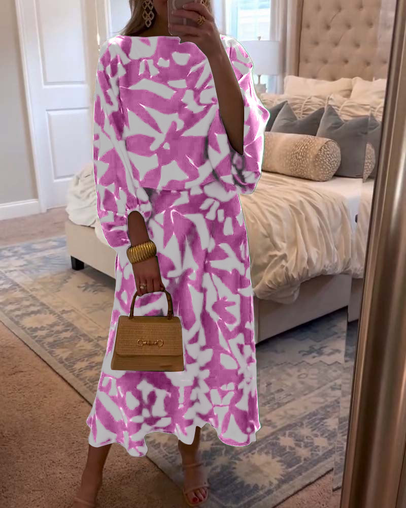 Temperament Printed Lantern Sleeves Casual Dress Set