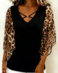 Batwing Sleeve Leopard Print Patchwork Blouse