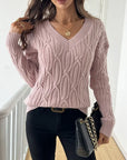 Plain V-neck Cable Knit Sweater for women's