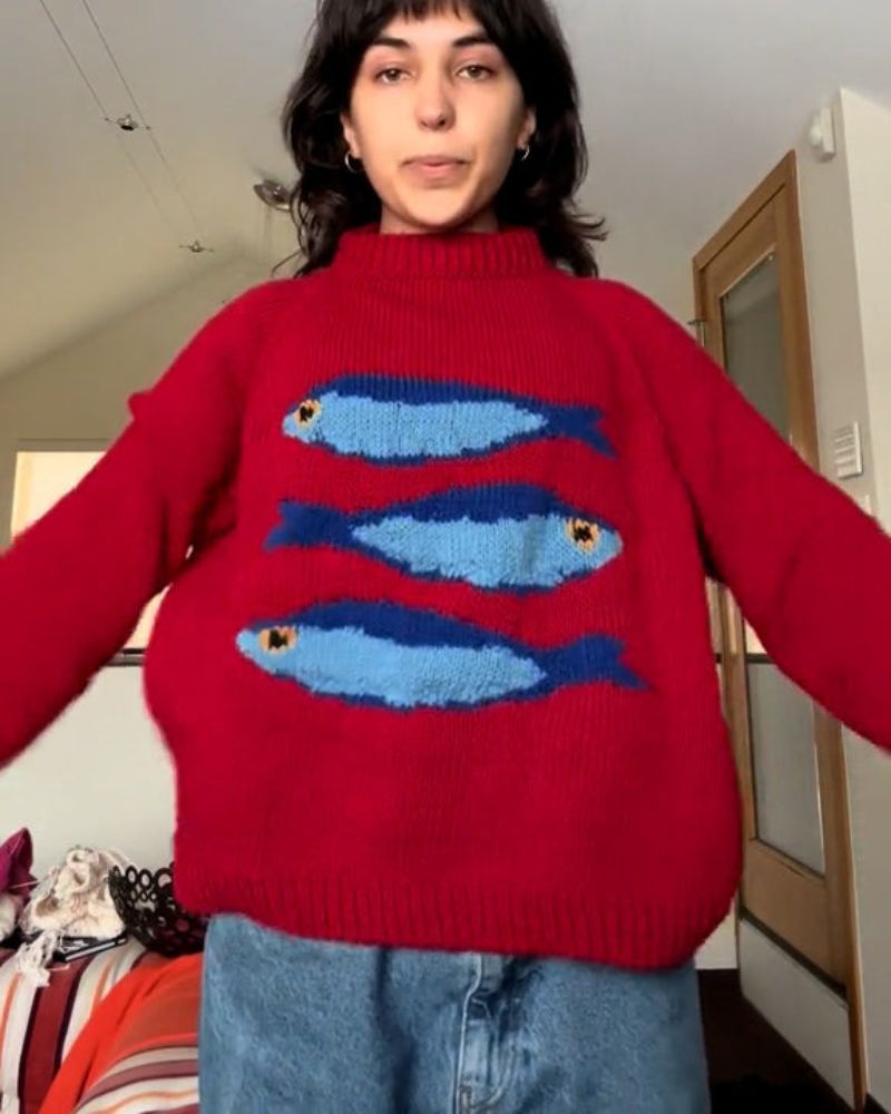 Playful Fish Print Knit Sweater