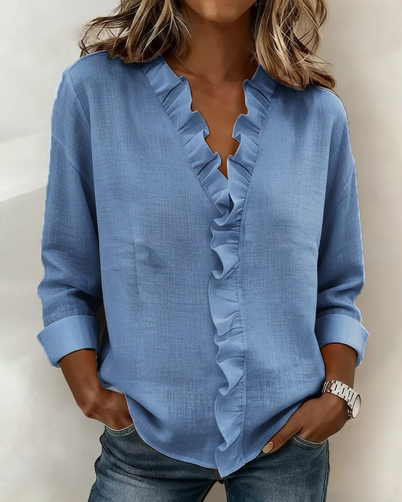 Ruffle V-Neck Long-Sleeve Blouse
