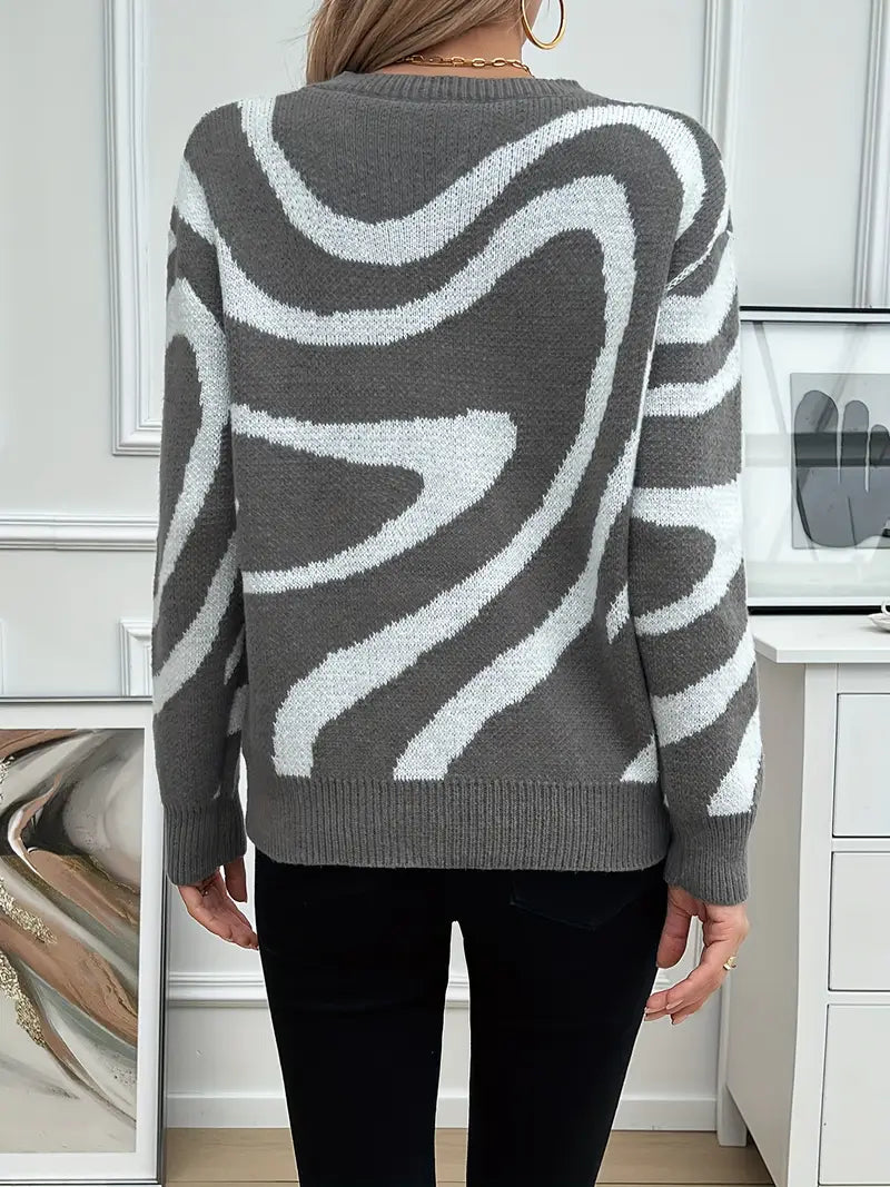Elegant Striped Color Block Crew Neck Sweater