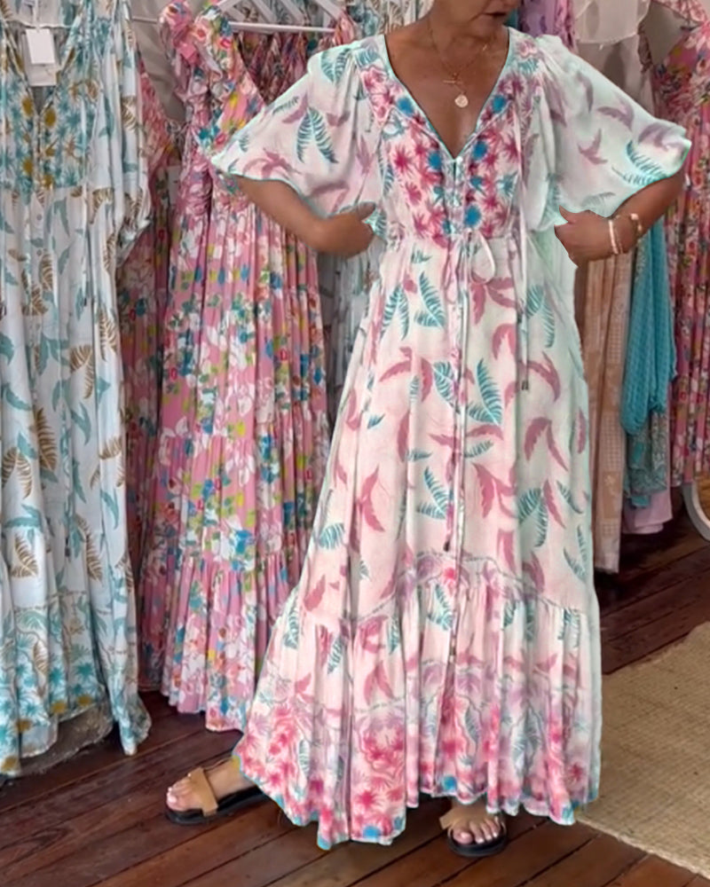 Women&#39;s V-neck leaf print maxi dress