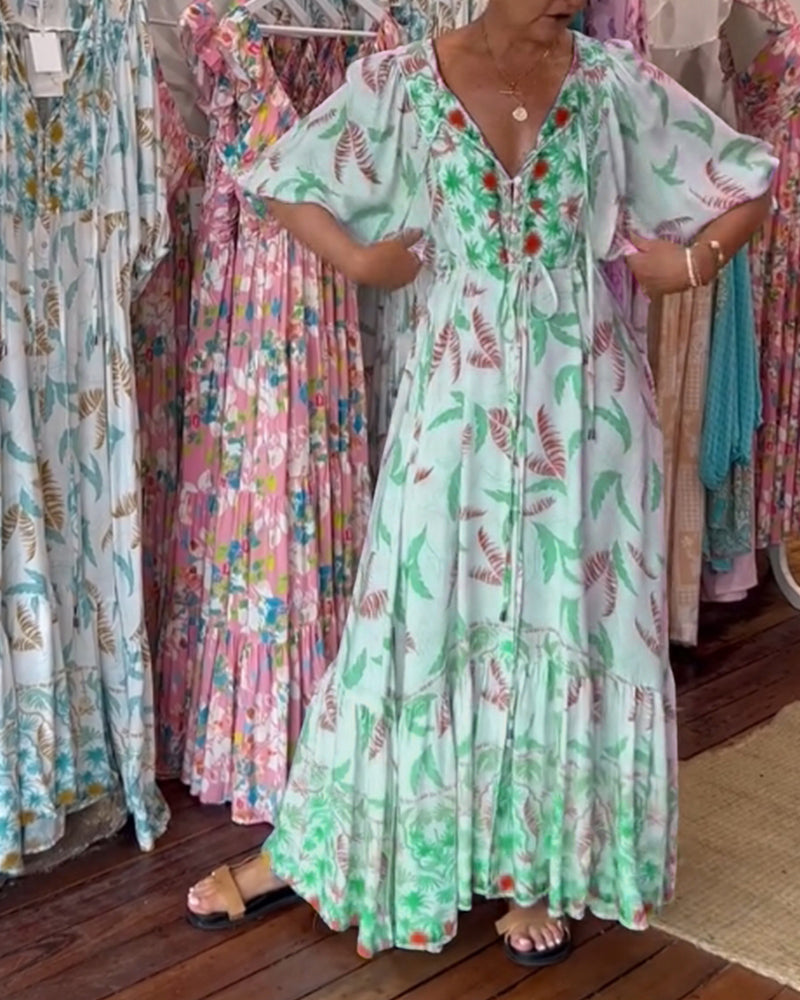 Women&#39;s V-neck leaf print maxi dress