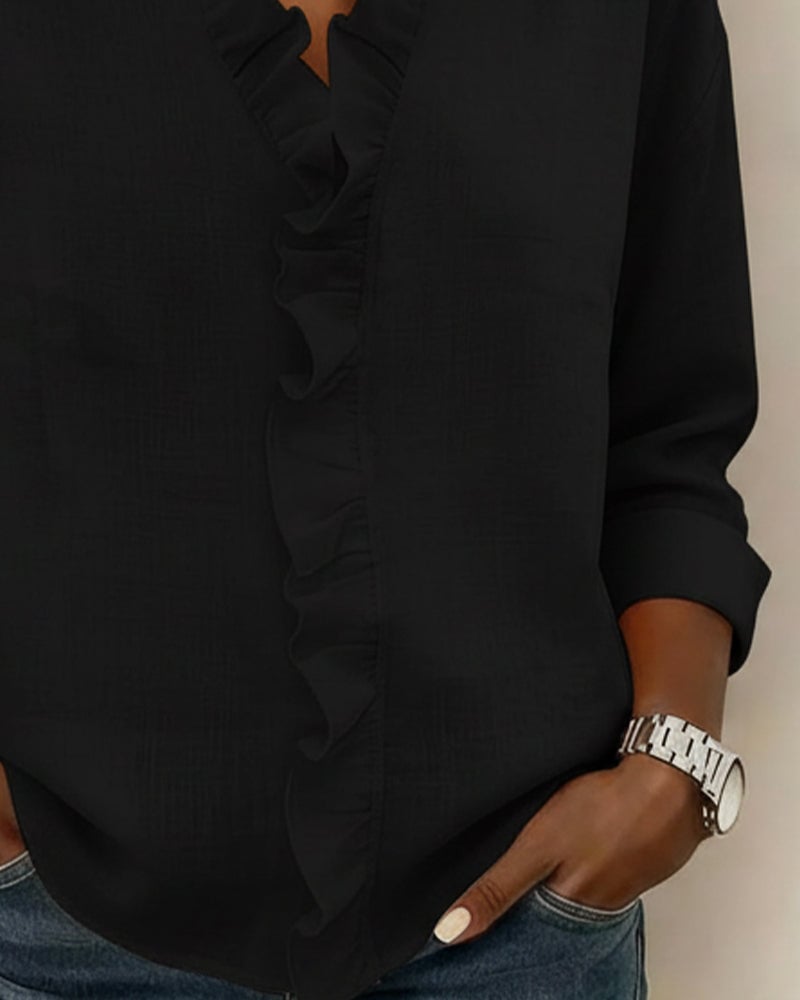 Ruffle V-Neck Long-Sleeve Blouse