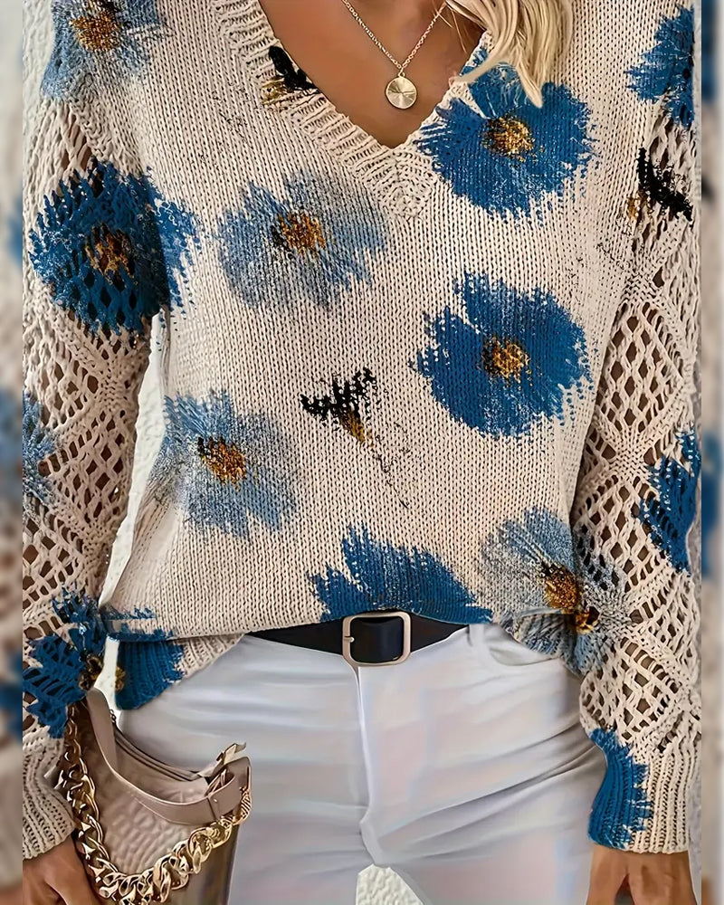 Long-Sleeved V-Neck Jacquard Sweater