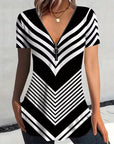 Zipper V-Neck Striped T-Shirt