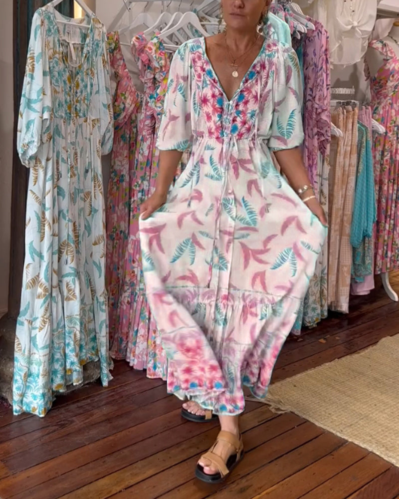 Women&#39;s V-neck leaf print maxi dress