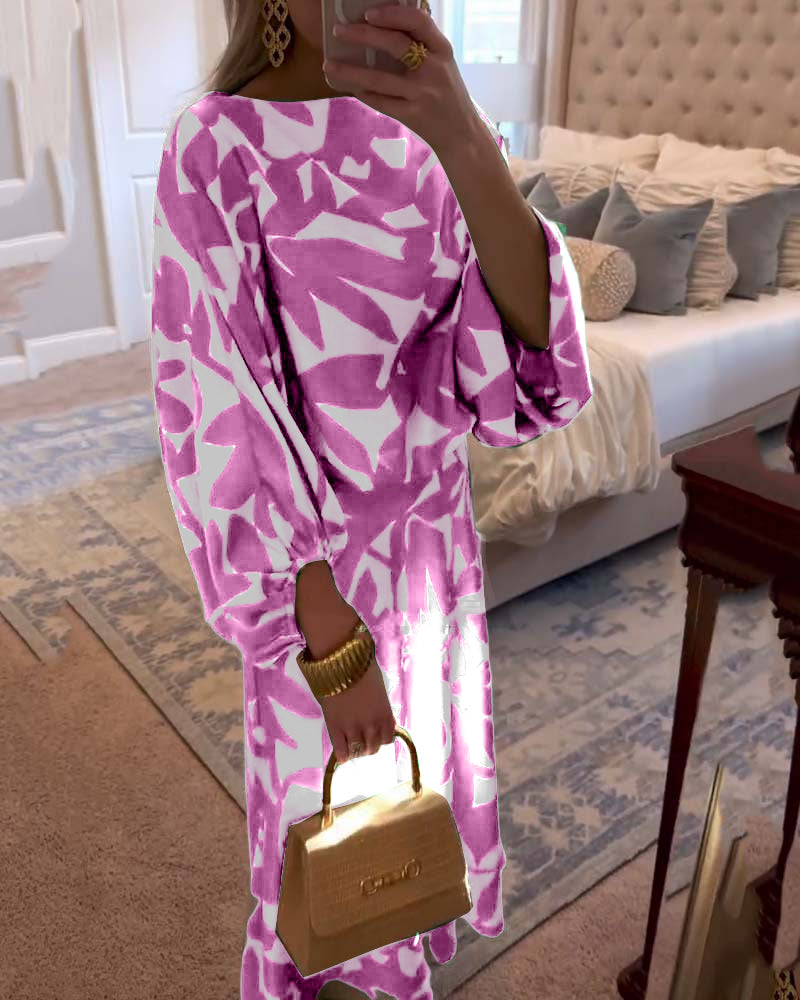 Temperament Printed Lantern Sleeves Casual Dress Set