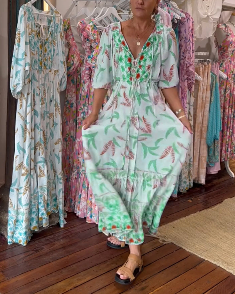 Women&#39;s V-neck leaf print maxi dress