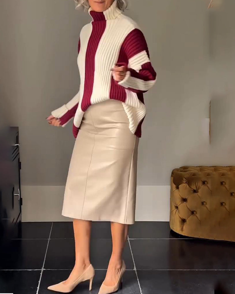 High Collar Vertical Striped Sweater