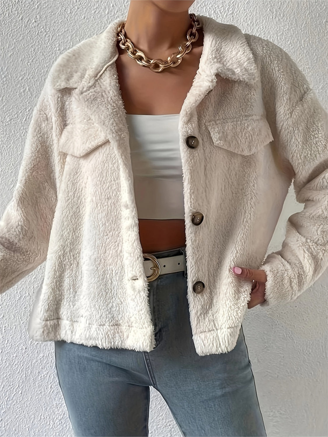 Collared Neck Button Up Cardigan with Decorative Pocket Flaps